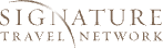 Logo for "Signature Travel Network" with elegant font and a curved line.
