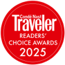 A red circular logo for the Cond&eacute; Nast Traveler Readers' Choice Awards 2025.