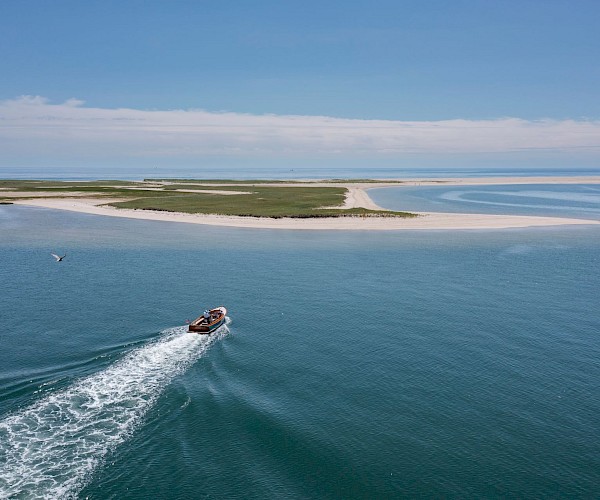 A boat cruises through blue water near a sandy, grassy island under a clear sky.
